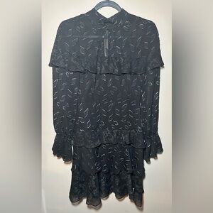 BCBGMAXAZRIA METALLIC CLIP DOT LONG SLEEVE RUFFLE DRESS BLACK Size 0